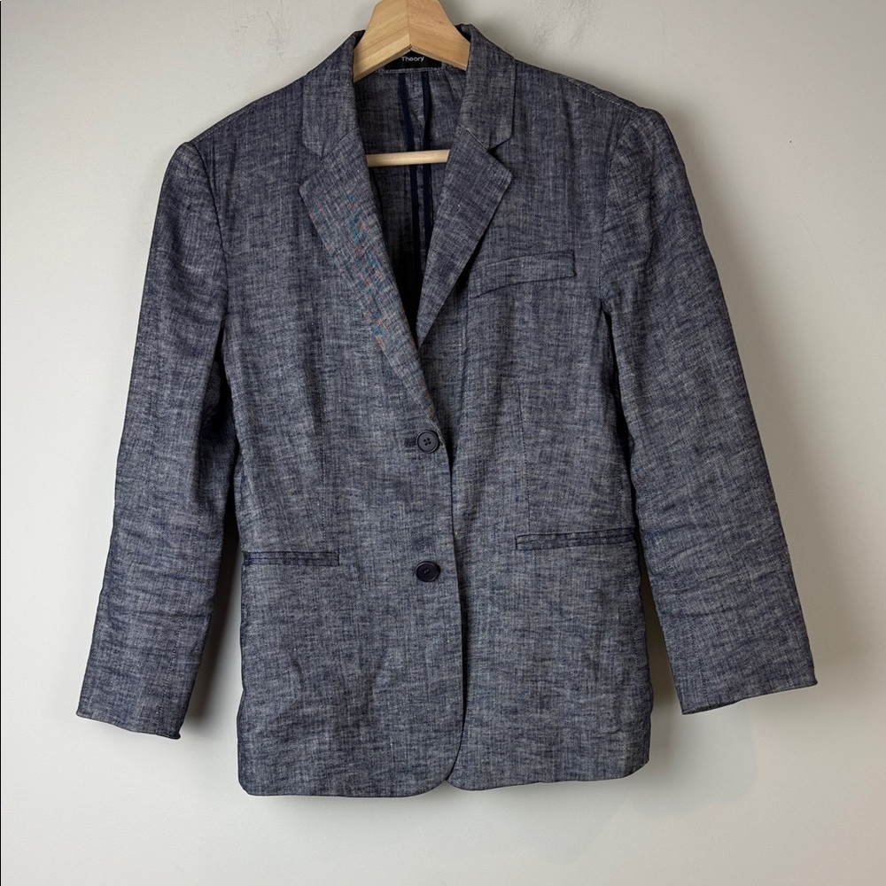 Theory Navy and White Textured Linen Blazer Size 4